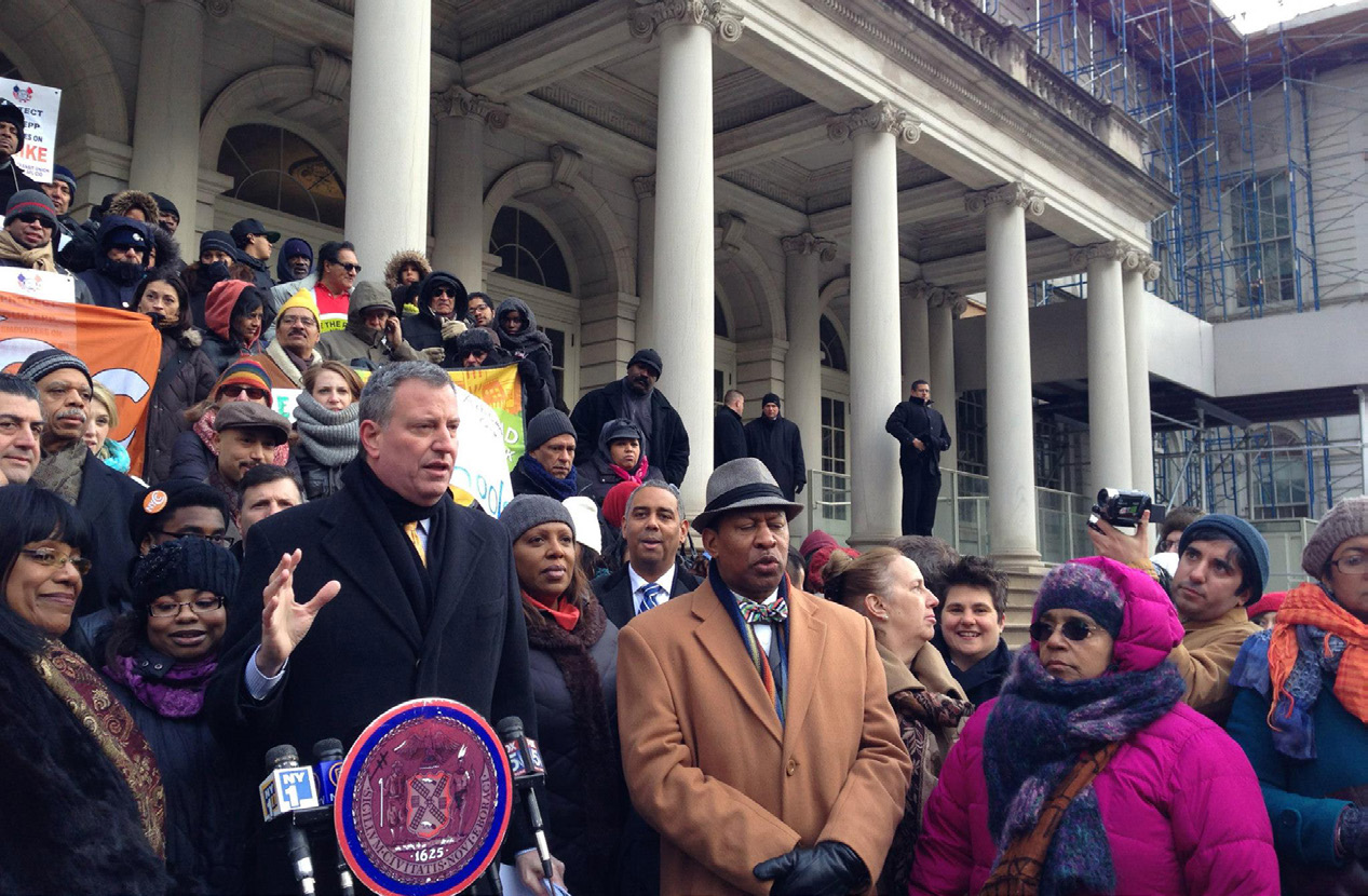 Former New York City  Mayor Bill Deblasio with advocates from New Yorkers for Greater Public Schools  in 2013 in protest against school shutdowns